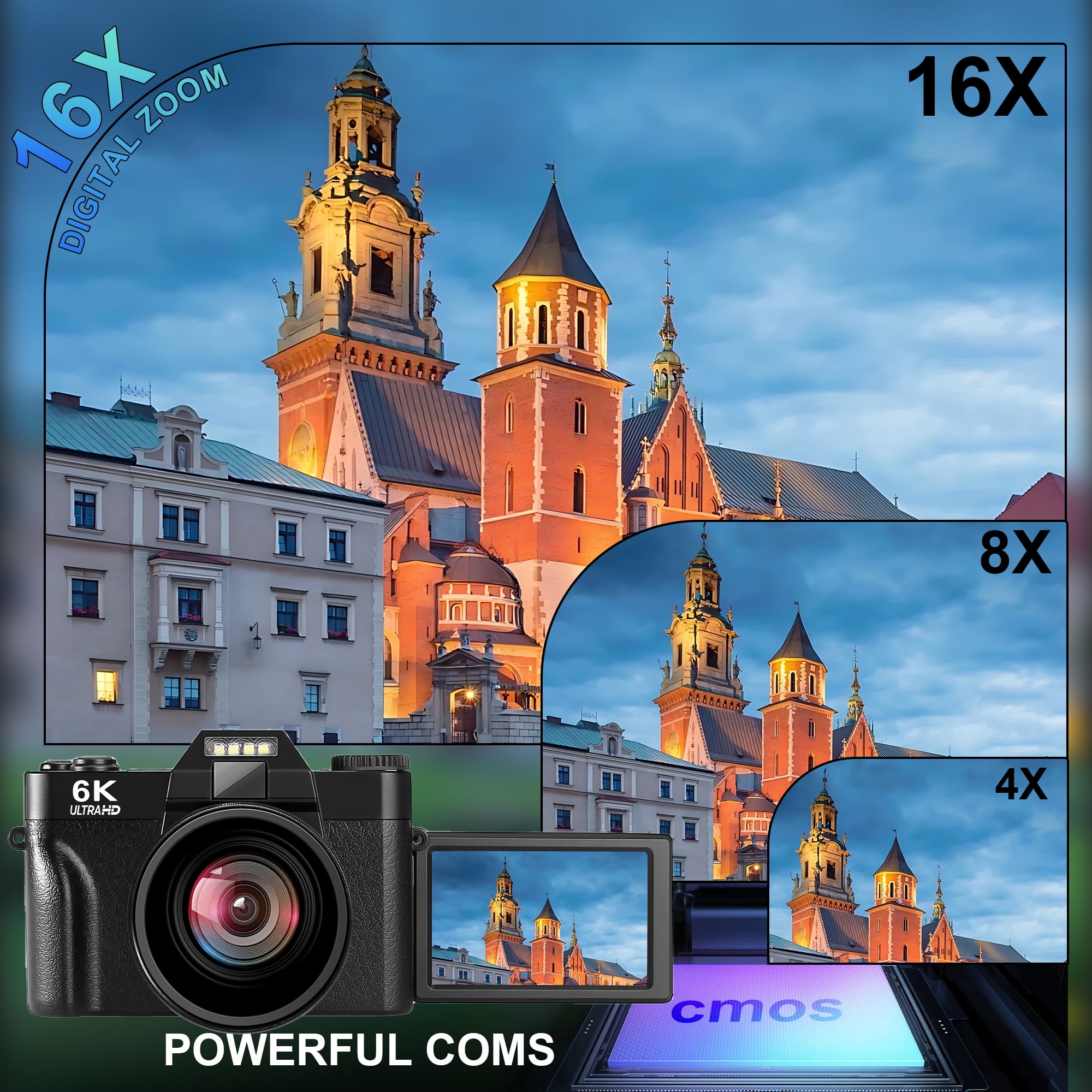 Ourlife 6K Digital Camera 64MP 16X Zoom WiFi, Wide-Angle & Macro Lens Autofocus WiFi Vlogging Camera for Youtube Tiktok Content Creator 64GB Card Black