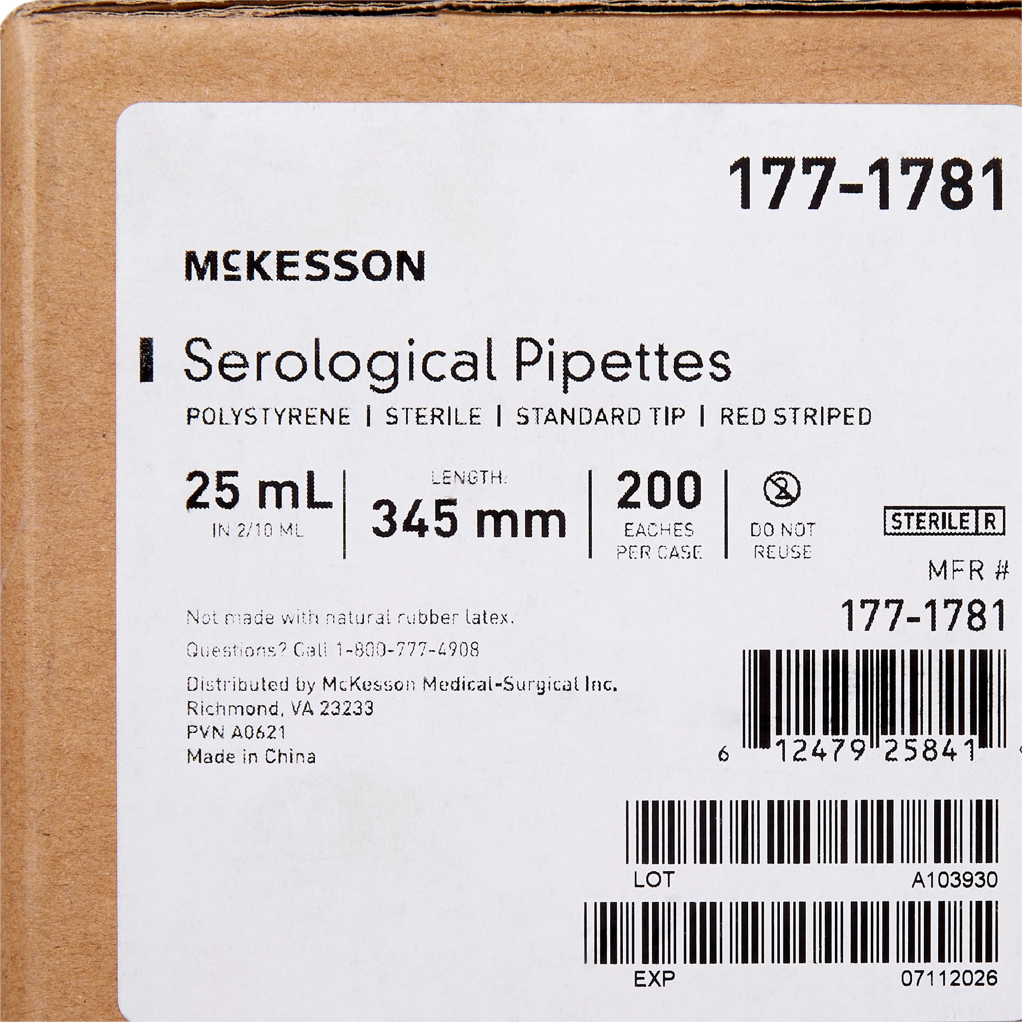 McKesson Serological Pipettes for Blood Serum - Sterile, Plastic - 25 mL, 200 Count, 1 Pack
