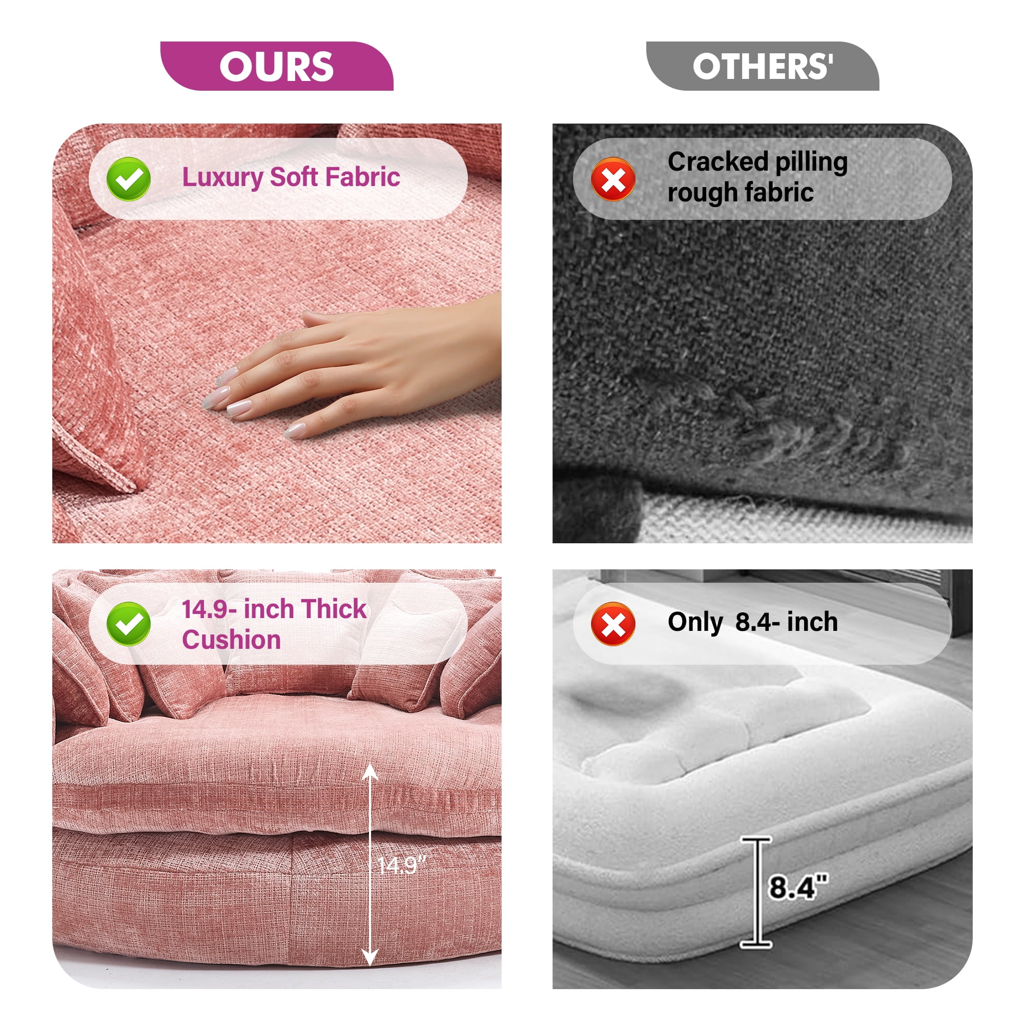 Aukfa 81" Oversized Round Chaise Lounge Sofa Bed, Modern Chenille Cloud Couch with Deep Seat, 14 Pillows, Assemble-Free, Pink