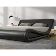 Sha Cerlin Full Size Upholstered Faux Leather Low Profile Sleigh Platform Bed Frame with Adjustable Headboard, No Box Spring Needed, Black