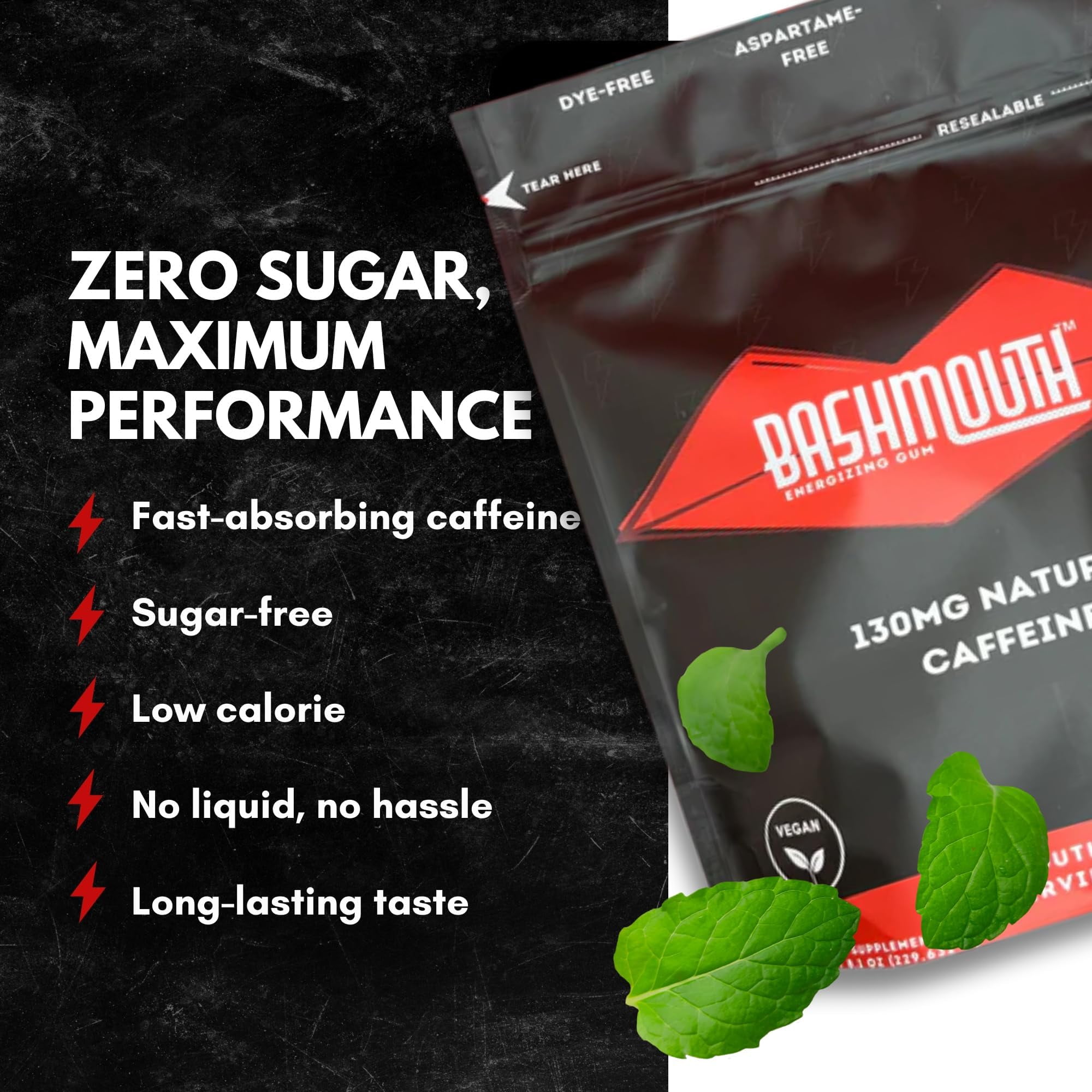 Bashmouth Natural Caffeine Gum For Energy & Focus 130 MG Per Piece | Performance, Natural Energy (30 Servings) Spearmint