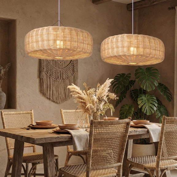 Viaurbe Minimalist Natural Rattan Pendant Light Handwoven Drum Shade for Indoor Home Decor