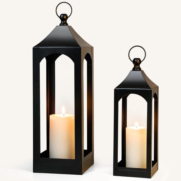 Modern Farmhouse Lantern, Black Metal Decorative Hanging Candle Lantern for Home Decor, Parties & Events