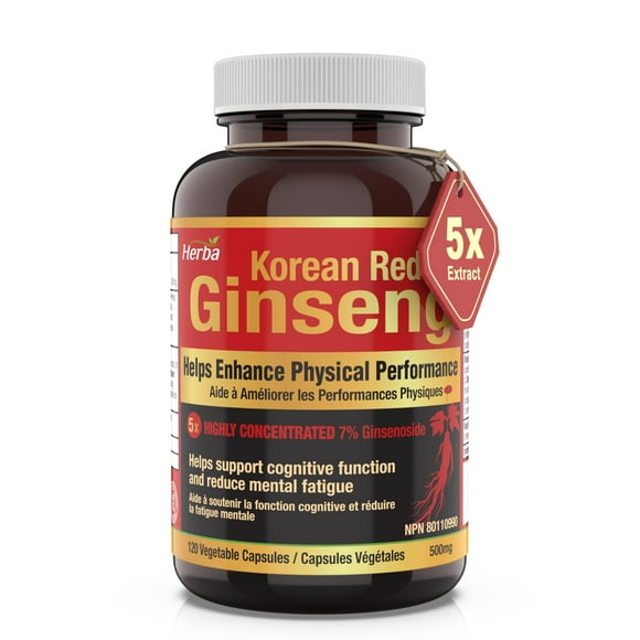 Herba Extrait de Ginseng Rouge Coréen – 120 Gélules Végétales 500mg - 5:1 Extrait – 2500mg Équivalent Supplément de Ginseng Coréen avec 7% de Ginsenoside Gélules de Ginseng Panax de Racine de Ginseng