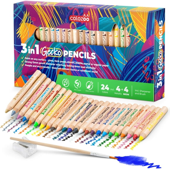 Set de lápices de colores Colozoo 3 en 1, 24 colores con pincel
