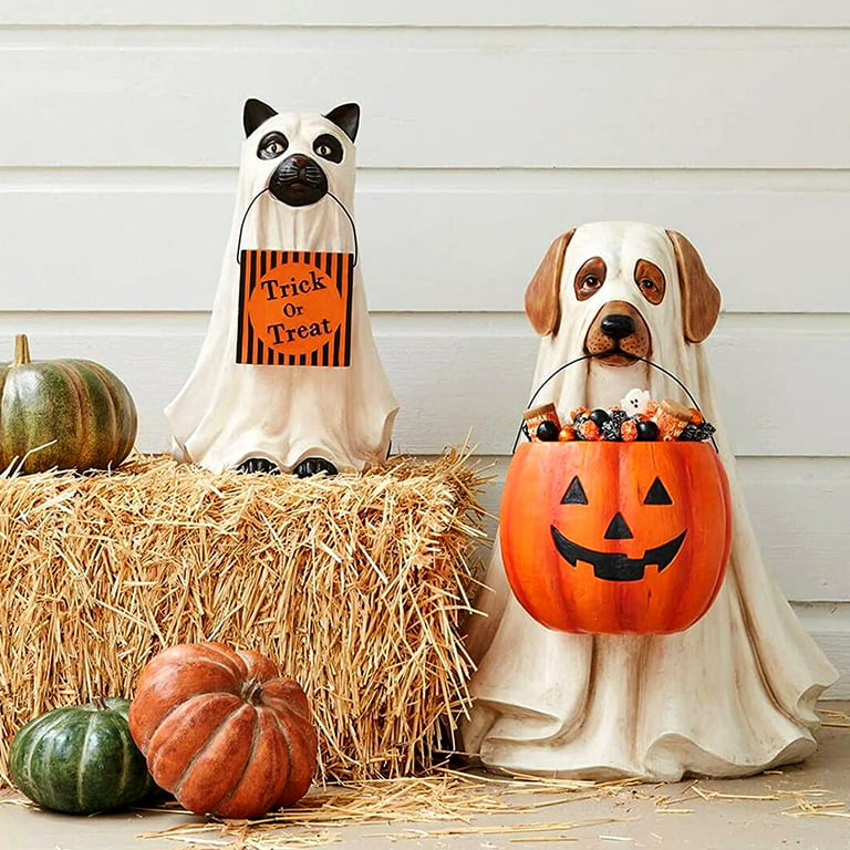 Creative Halloween Ghost Dog Cat Statues with Pumpkin Candy Holder ...