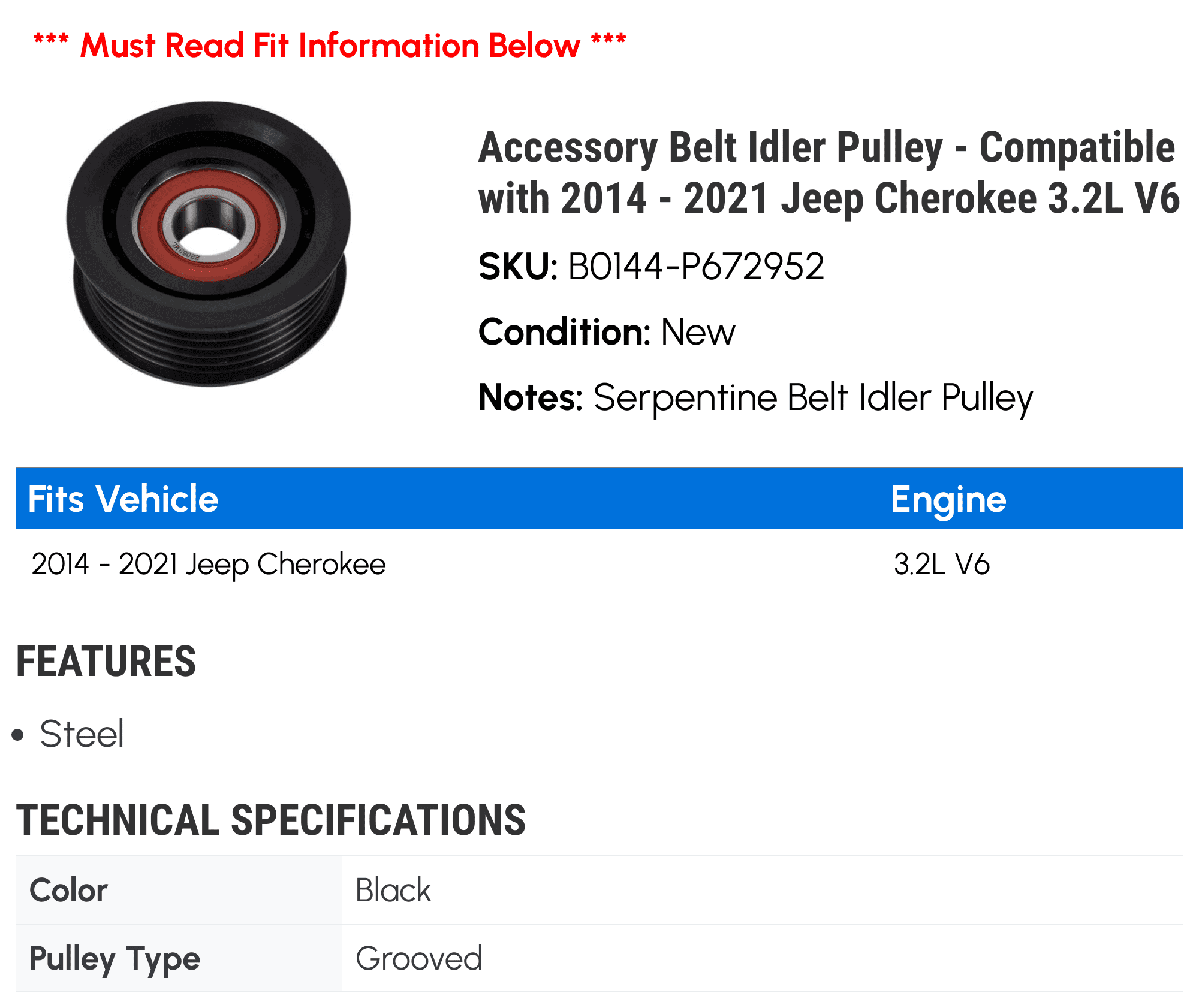Accessory Belt Idler Pulley - Compatible with 2014 - 2021 Jeep Cherokee 3.2L V6 2015 2016 2017 2018 2019 2020