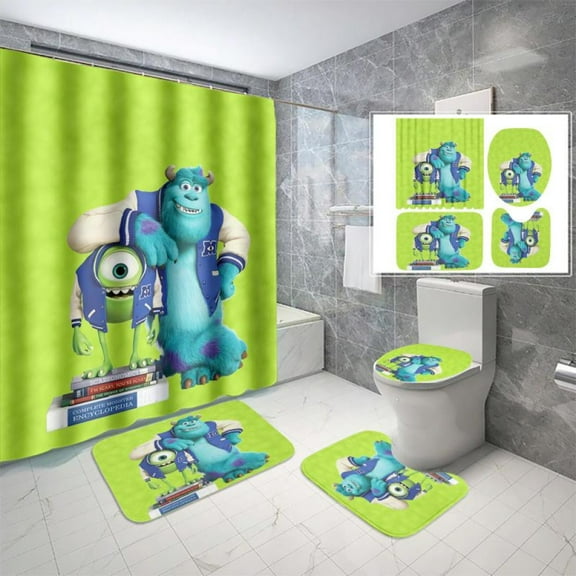 Lheaggik Cartoon Monsters Univ 4 Pcs Bathroom Sets with Shower Curtain and Rugs, Waterproof Polyester Shower Curtain Sets with Hooks