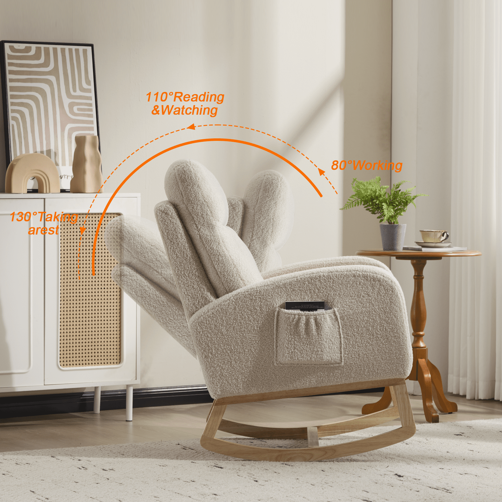 FFZ Modern Accent Rocking Chair Solid Wood Legs Upholstered Nursery Glider Armchair Side Pocket Beige