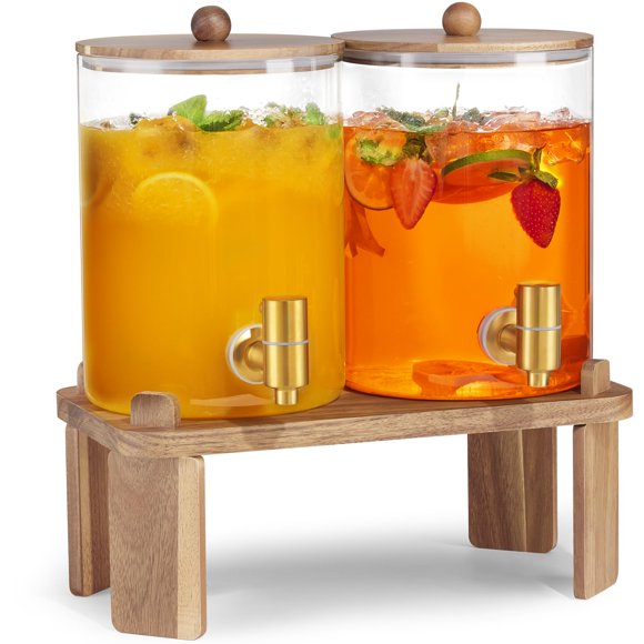 Dispensador de bebidas FavorFlavor, vaso de 1 galón con soporte de madera, x2