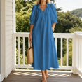 thumbnail image 5 of SETOOFF Women Ruffled V Neck Midi Dress Puff 3/4 Sleeve Loose Shift Dress Casual Side Pockets Vacation Travel Outfits, 5 of 7