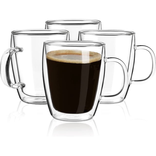 Double Wall Coffee mugs, (4-Pcak) 16 Ounces-Clear Glass with Handle,Insulated,Cappuccino,Tea ,Latte Cups,Beverage Glasses Heat Resistant