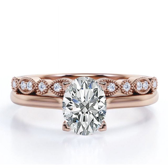 JeenMata Anillo de Boda con Filigrana Decorativa Milgrain de 1,75 Quilates con Engaste Ovalado en Punta Engastado en Oro Rosa de 18 K sobre Plata (Personaliza la Banda de Tu Anillo de Bodas)