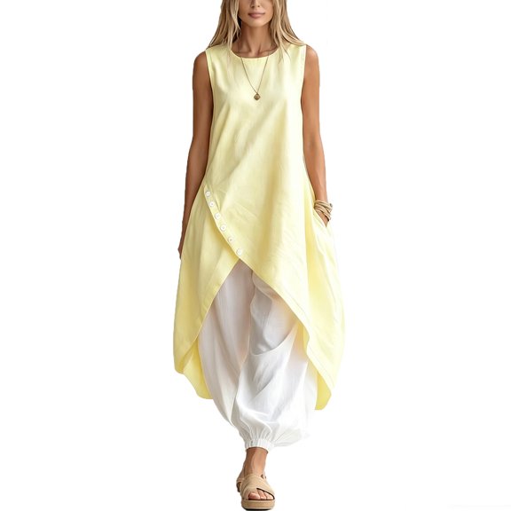 Guluxicc 2 Piece Womens Outfit Sets Crew Neck Asymmetric Hem Tank Top Elastic Cuff Harem Pants Outfits for Casual