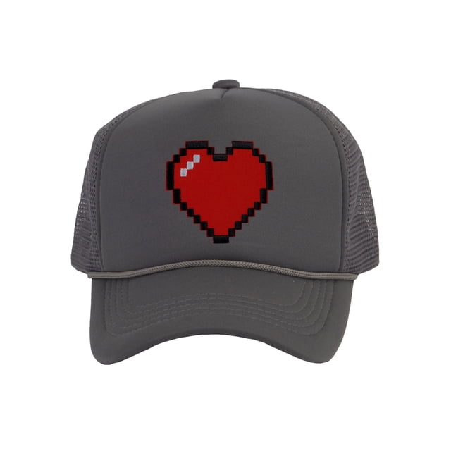 Men's 80's Retro Large 8 Bit Pixelated Heart Gamer Trucker Hat, Dark Grey