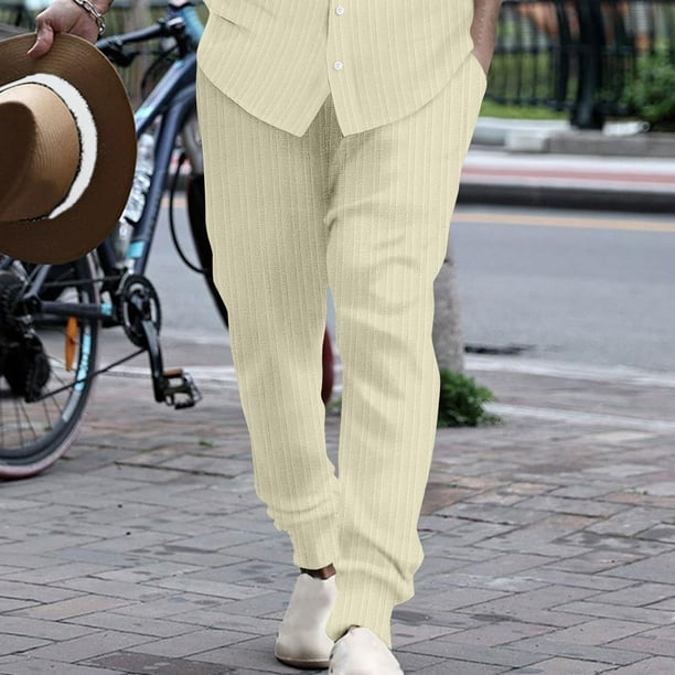 Pantalones largos para hombre, informales, con cintura elástica, a rayas, bolsillos, de algodón y lino, con paneles