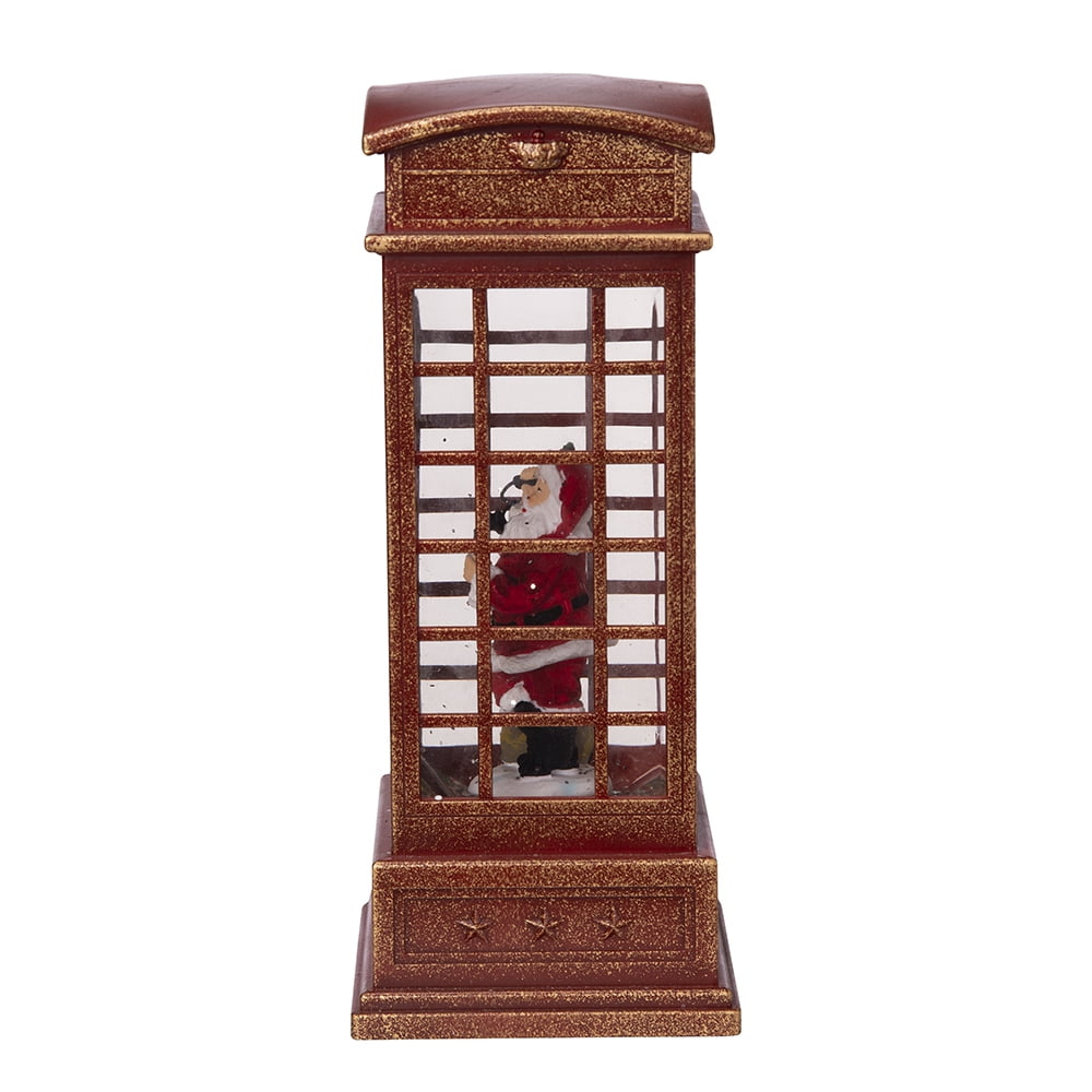 Water Lighted Spinning Phone Booth Christmas Decor with Santa on Phone Plastic Polyresin Oil Water Tabletop Holiday Accent