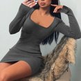 thumbnail image 2 of Ygbgbb Womens Bodycon Dresses Solid Color Mini Dresses Square Neck Sexy Pleated Low Cut Slim Waist Hip Casual Long Sleeve Dresses Gray XXXL, 2 of 6