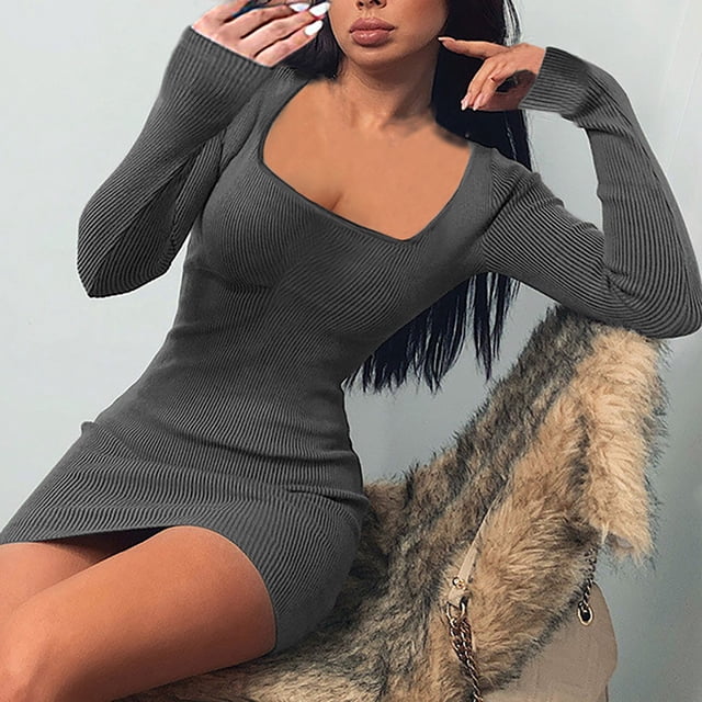 pstuiky Robe d'Été, Robe Unie Décontractée Confortable Ajustée Col Manches Longues Mini Robes Liquidation