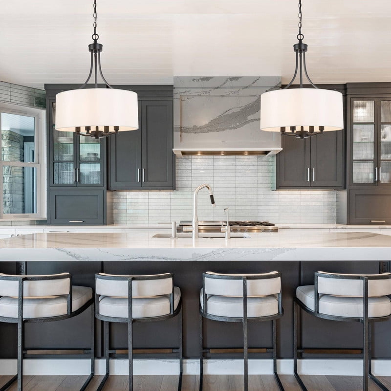 LNC 16-in Black Drum Pendant Light with Linen Shade, Adjustable for Dining & Entryway