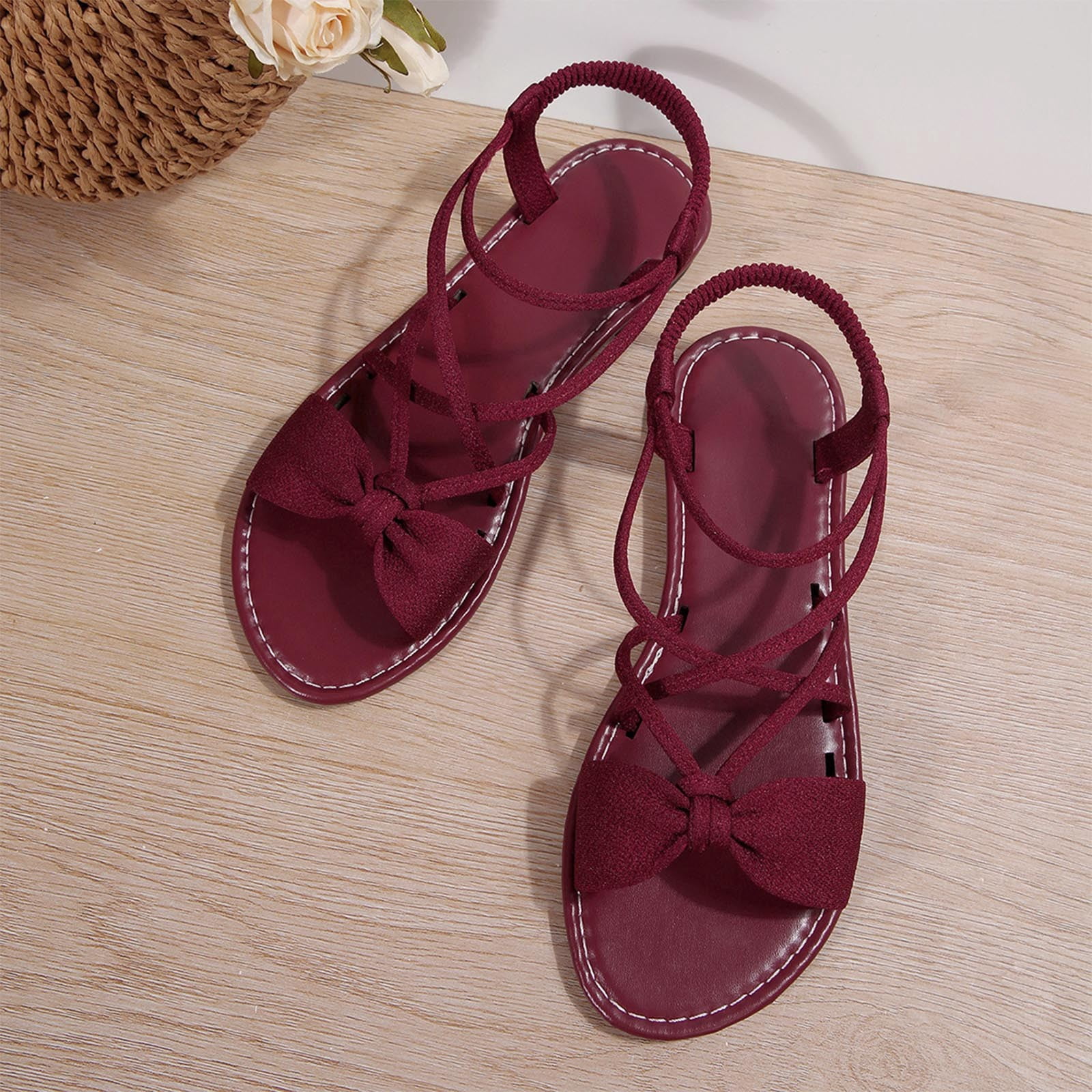 Womens Wine Elastic Ankle Strap Flat Sandals Crisscross Bow Open – picture 9