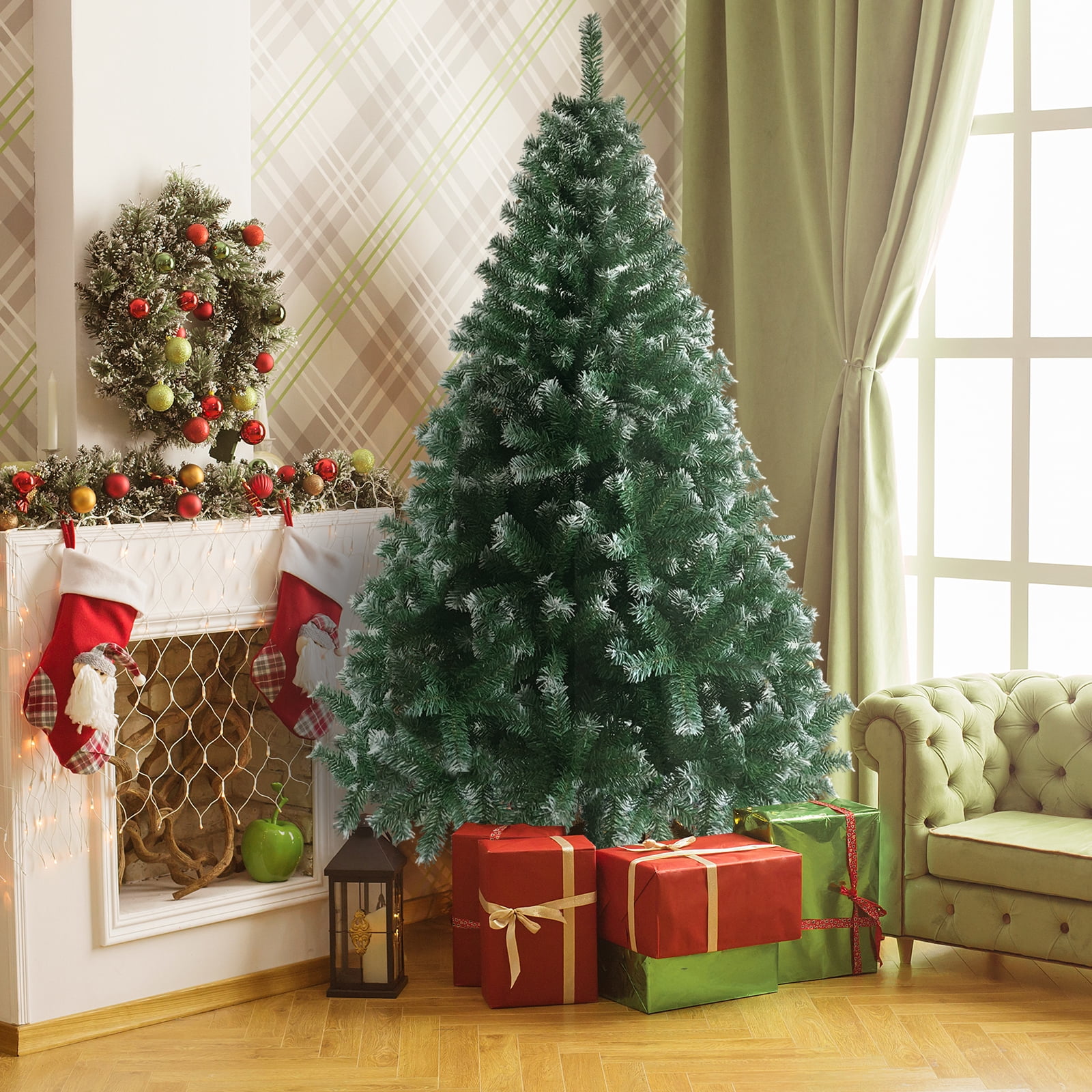 6 ft Christmas Tree with 812 Branches, Light Green and White, Iron and PVC