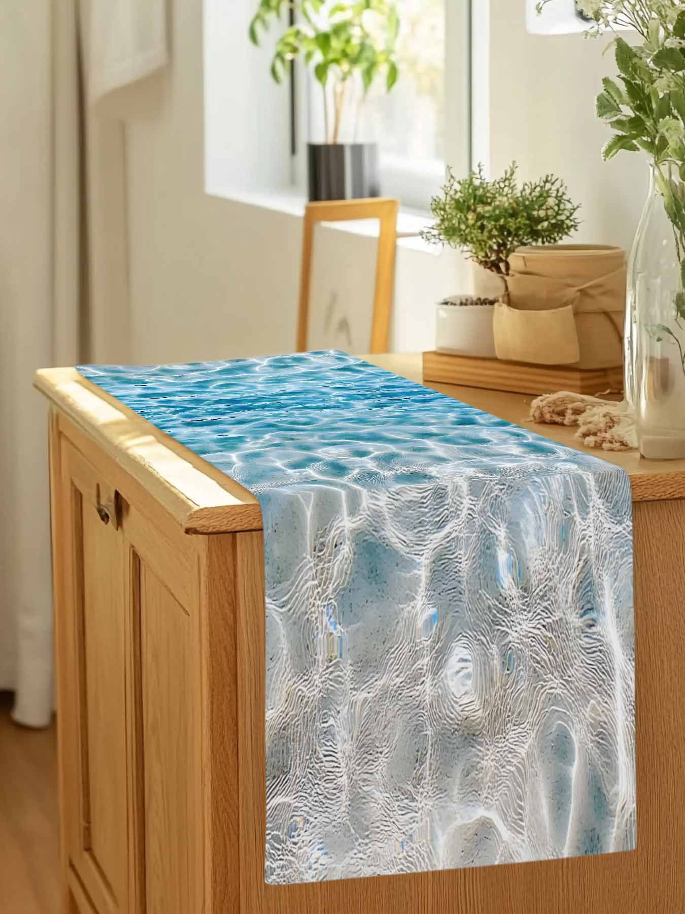 Blue Sea Water Ripple Table Runner 90 Inches Long, Ocean Seabed Table Runners Tabletop Scarf Kitchen Dining Tables Decoration for Home Party Indoor Outdoor