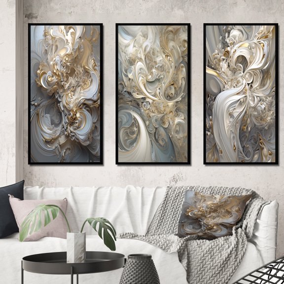 Designart "Retro Whirl in Gold and White II" Fractals Framed Wall Art Set Of 3 - Gold Transitional Frame Canvas Set For Living Room Decor