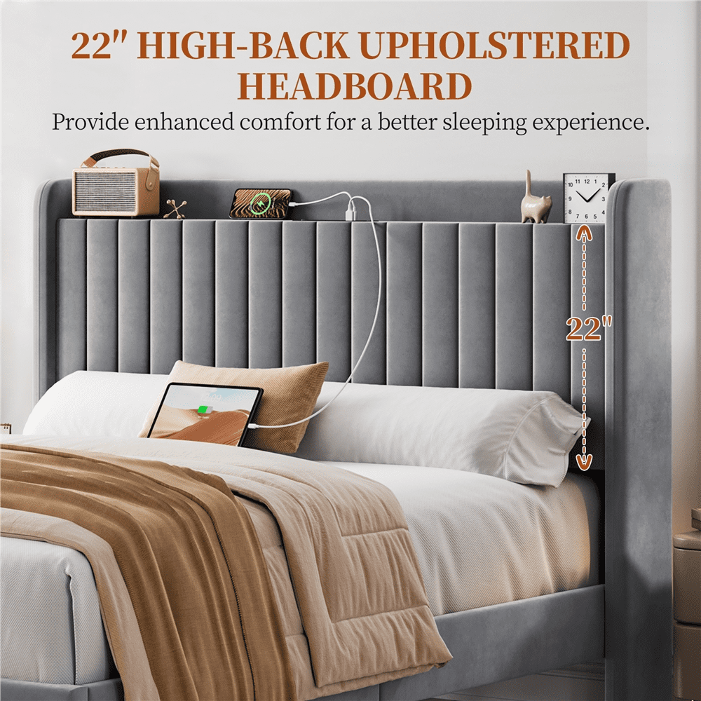 Renwick Upholstered Platform Queen Bed with Charging Outlets and USB Ports, Light Gray, Adult