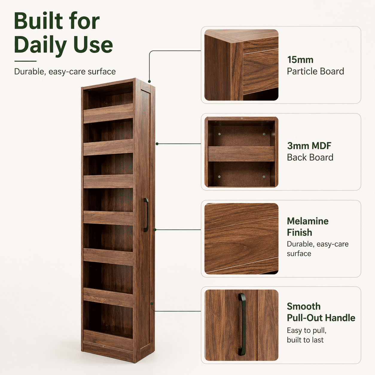 Aukfa 7-Tier Slim Rolling Pantry Cabinet, 68.3" Narrow Pull-Out Kitchen Storage Cart with Handle and Casters,Walnut