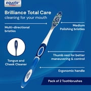 Equate Brilliance Total Care Manual Toothbrushes with Tongue and Cheek Cleaner, Medium, 2 Count