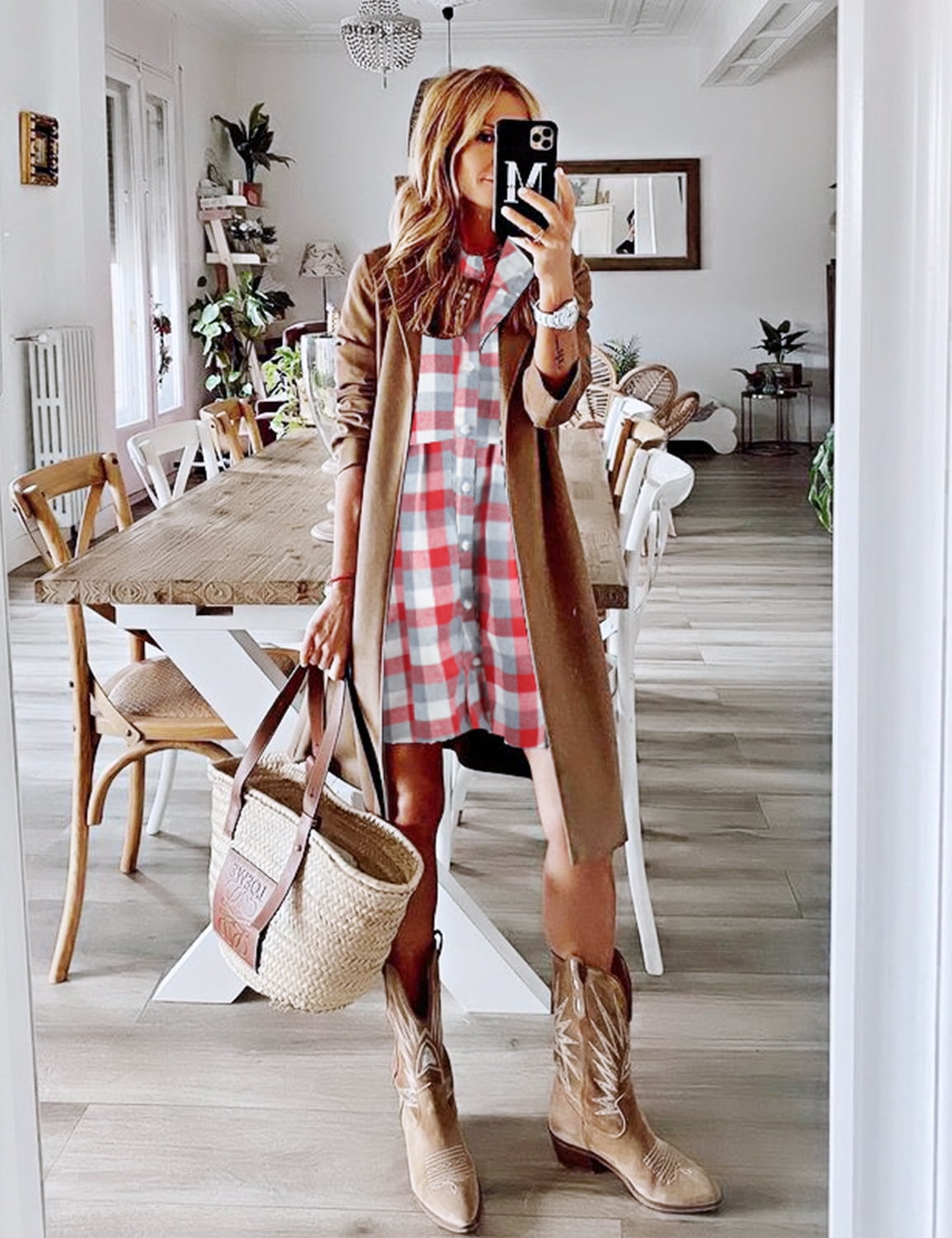 FANCYINN Women's Gingham Stand Collar Shirt Dress Buttons Up