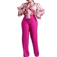 thumbnail image 4 of Wyongtao Women's 2 Piece Outfits V Neck Long Batwing Sleeve Ruched Tie Crop Top Split Flare Pants Printed Lounge Sets Pink L, 4 of 7
