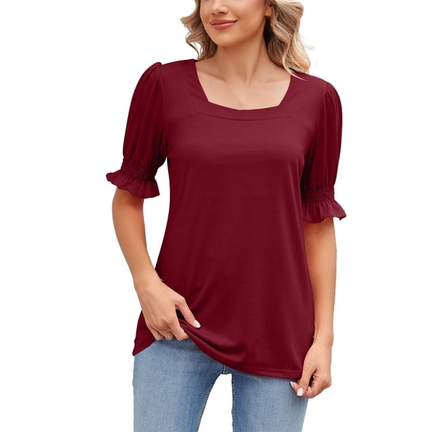 Gibobby Playera de Manga Corta con Cuello Redondo Verano sólido cuello cuadrado princesa manga corta manga suelta camiseta mujer Top(RD2,M)