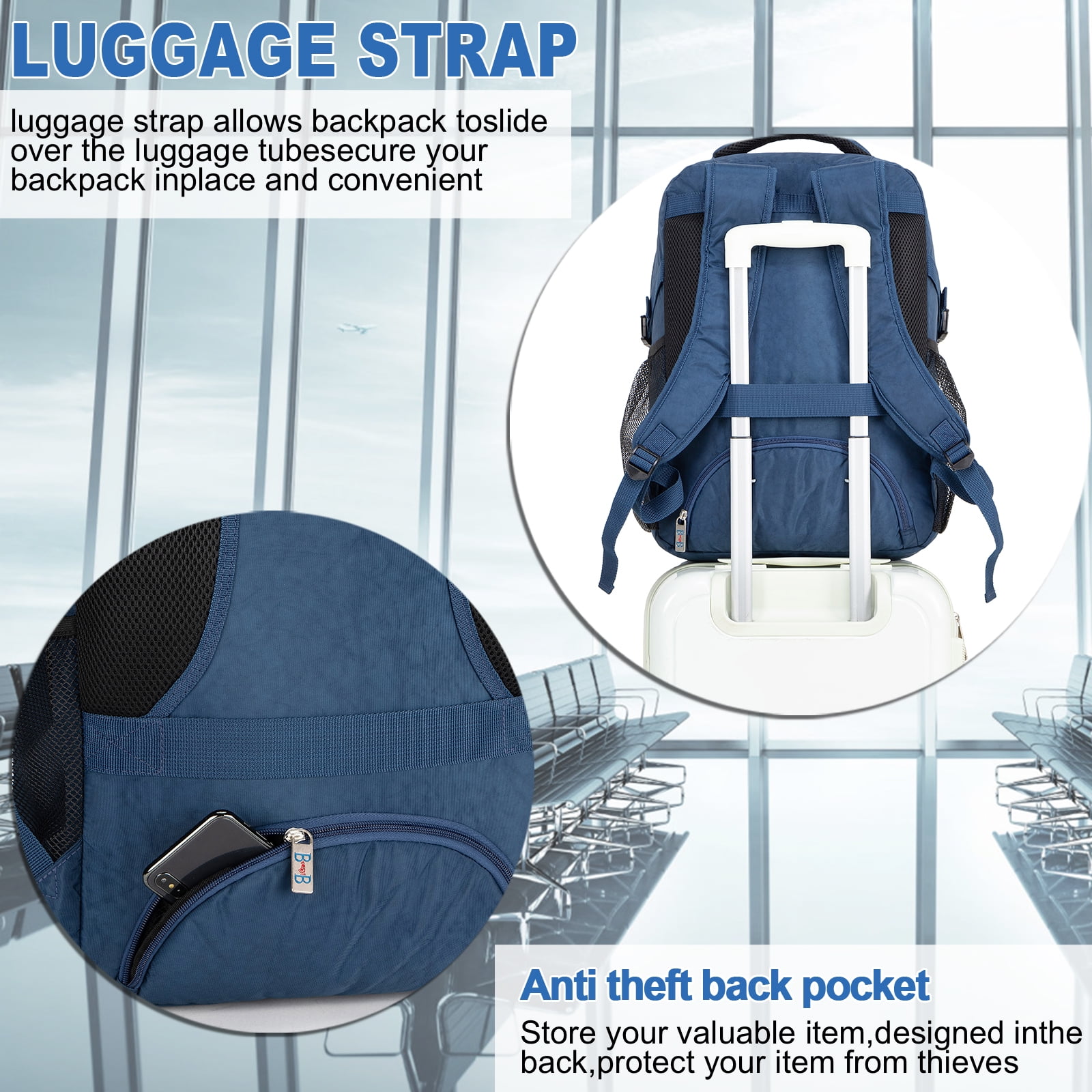 Boardingblue New 18" Personal Item Laptop Backpack for American, Spirit, Frontier Airlines (Navy)