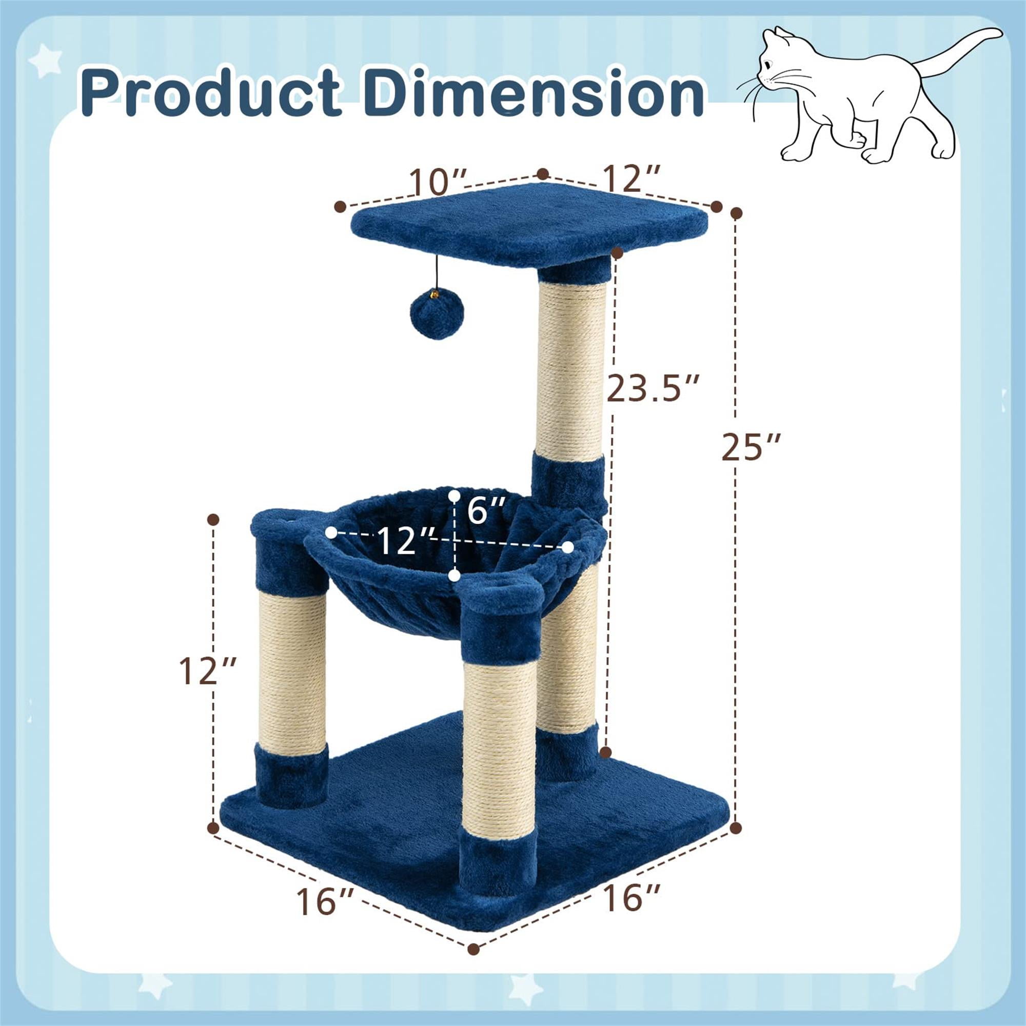 Kadyn 25" Cat Scratching Post, Sisal Rope Scratcher Tree with Hammock and Dangling Ball, Multi-level Cat Tree for Kittens and Adult Cats, Blue