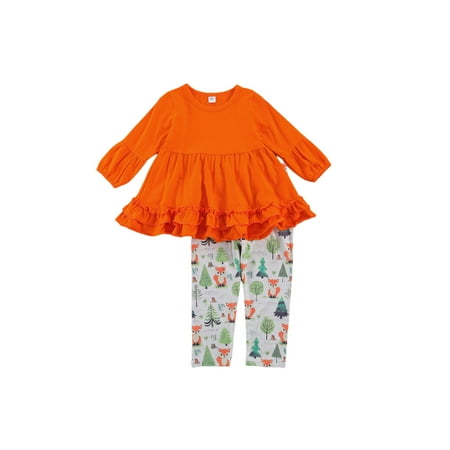 

Caitzr Little Girl s Solid Color Long Sleeve O-neck Lace Hem Elastic Cuff Top and Fox Print Long Pant