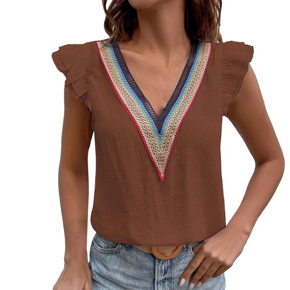 Seductiva Women's Slim-Fit Short Sleeve T-Shirt Newomen Lace Shirt V Neck Ruffle Sleeves Women's Pullover Loose Casual Shirt Fashion Basic Tees Beach Vacation Clothes