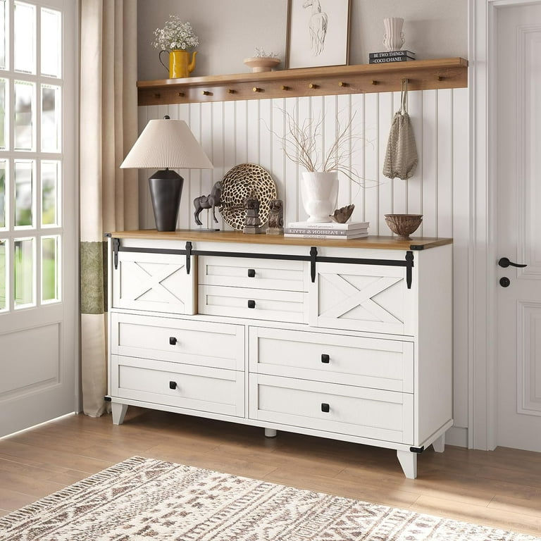 Farmhouse 6 Drawers Dresser with Sliding Barn Door,55.1'' Long Dresser, 4  Large and 2 Small Drawers, Sliding Barn Door, Solid Wood Legs for Entryway,  Bedroom, Living Room,White - Walmart.com