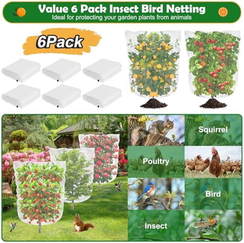 6 Pack Bird Netting for Garden, 3.2×5.2Ft Blueberry Bush Netting Cover with Drawstring, Insect Net Blueberry Netting Plant Covers Garden Netting for Garden Protection Tomato Fruit Bush