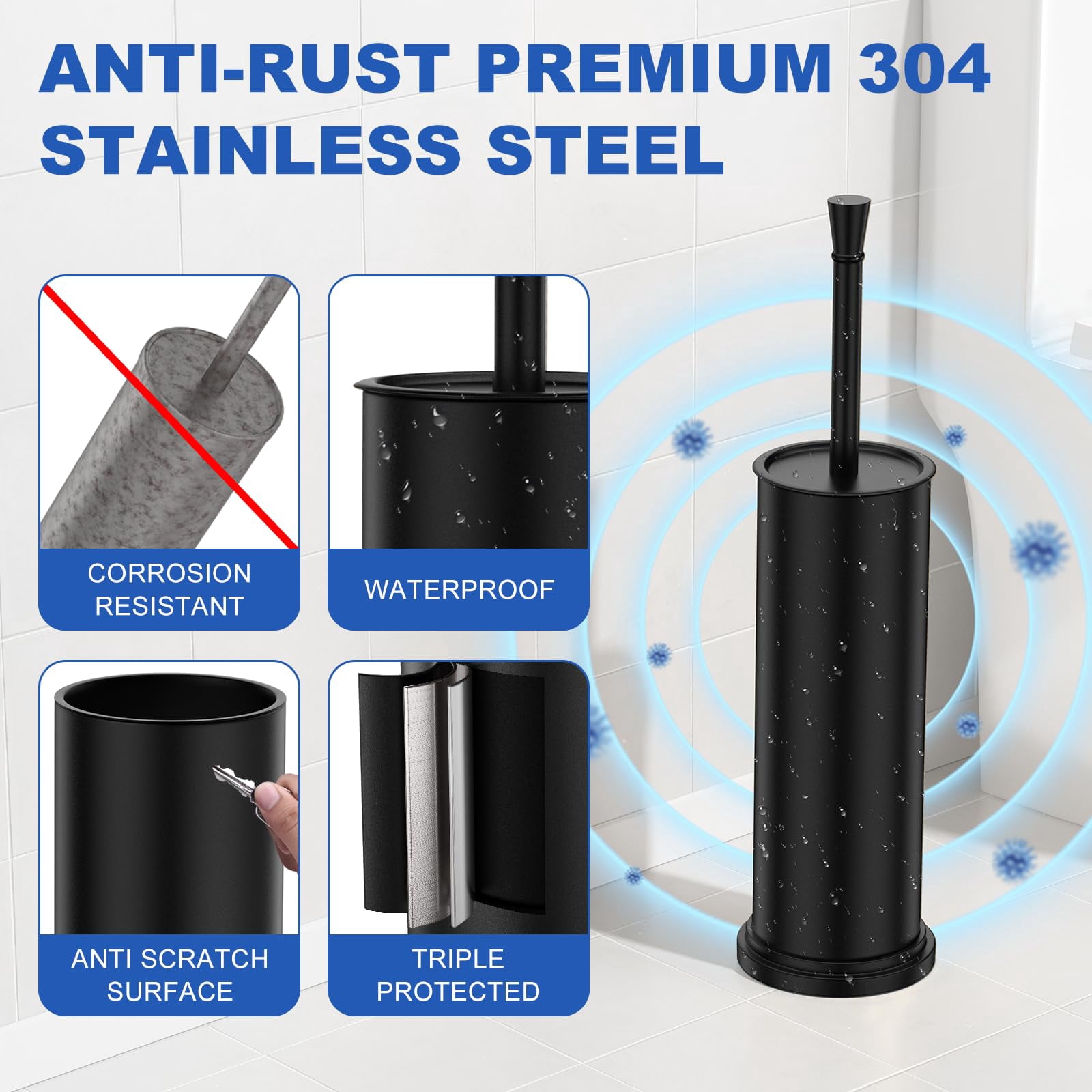 Toilet Brush and Holder Set Black 304 Stainless Steel Bathroom Cleaning