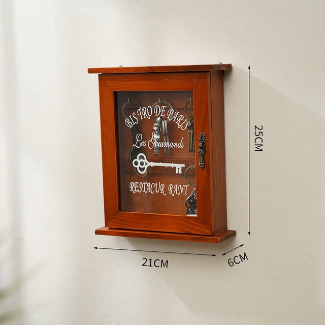 Caja de llaves de madera, puerta de gabinete de llaves montada en la pared Retro, almacenamiento de madera maciza ecológica duradera con 6 ganchos, Color de madera creativo