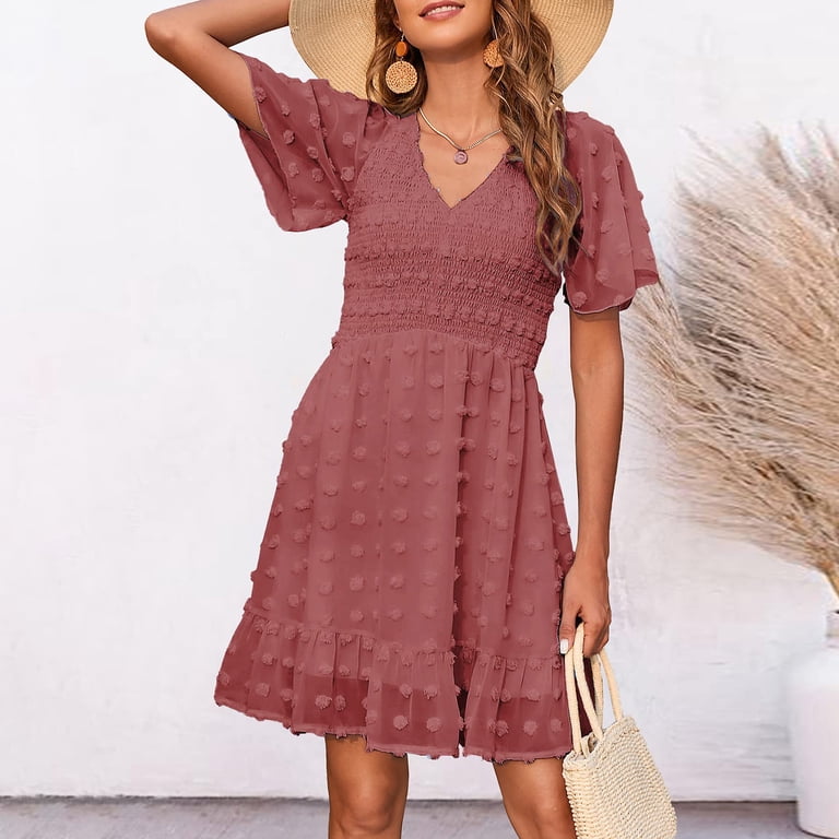 Hfyihgf Womens Summer Smocked Dress Short Flutter Sleeve V Neck Swiss Dot  Babydoll Ruffle Hem Mini Dress A-Line Swing Flowy Dress(Pink,L) -  Walmart.com