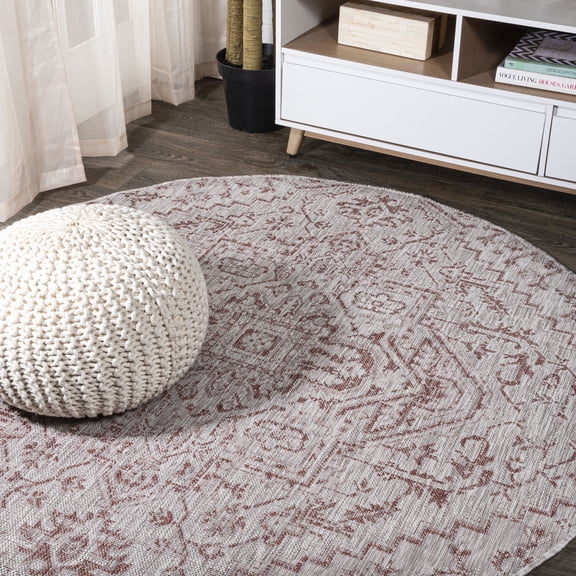 JONATHAN Y SANTA MONICA 5' Round Area Rug, Estrella Bohemian Medallion Textured Weave - Red/Taupe, SMB105A-5R