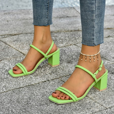

Aayomet Sandals Women Ladies Fashion Solid Color Leather Square Head Open Toe Buckle Thick High Heeled Sandals Green 7