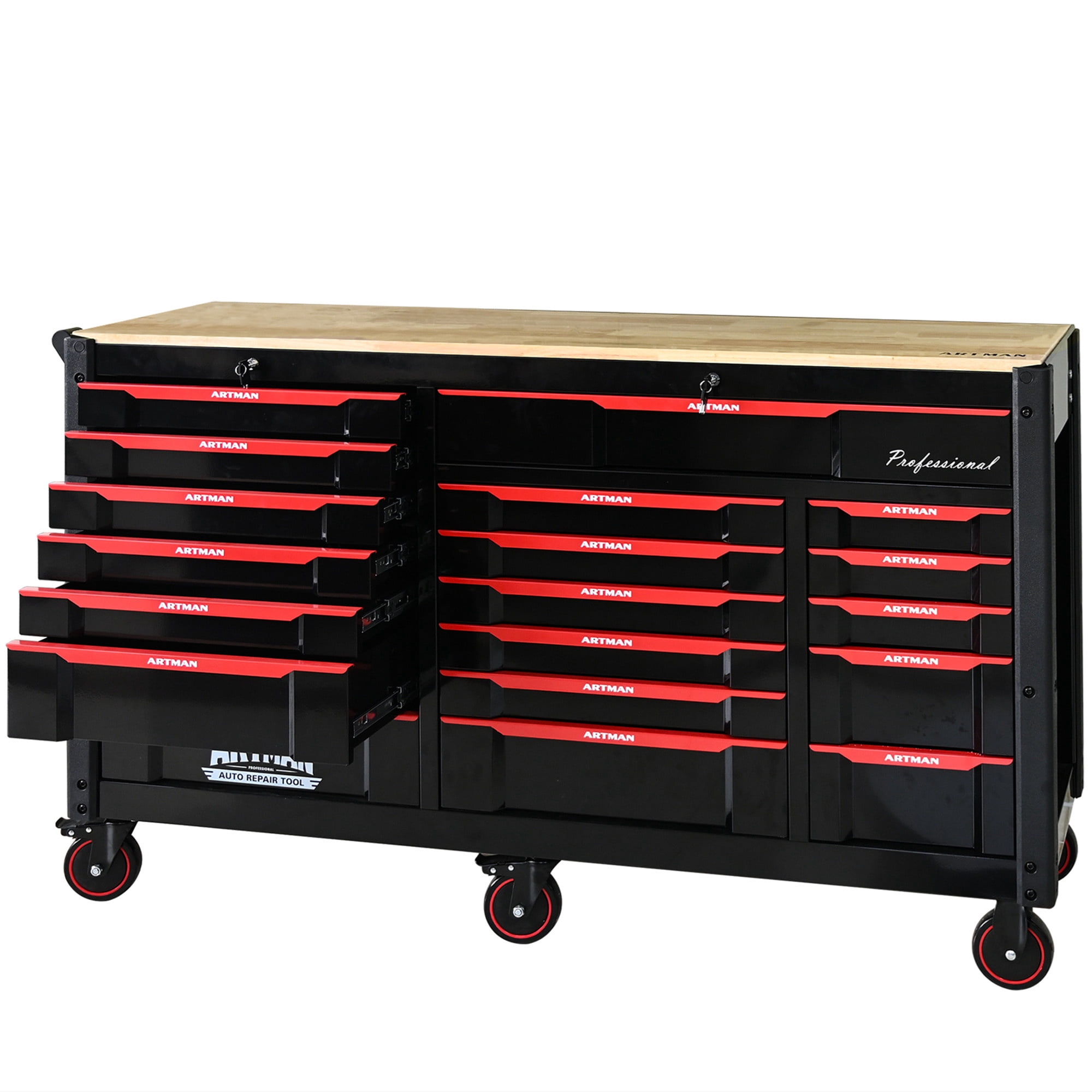 Aukfa 65" Oversized Tool Box, 19-Drawer Rolling Tool Chest with Desktop & Lockable for Garage