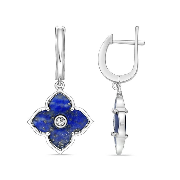 Blue Lapis Flower Dangle Drop Earrings for Women with Cubic Zirconia in 925 Sterling Silver Hinged Back by Lavari Jewelers