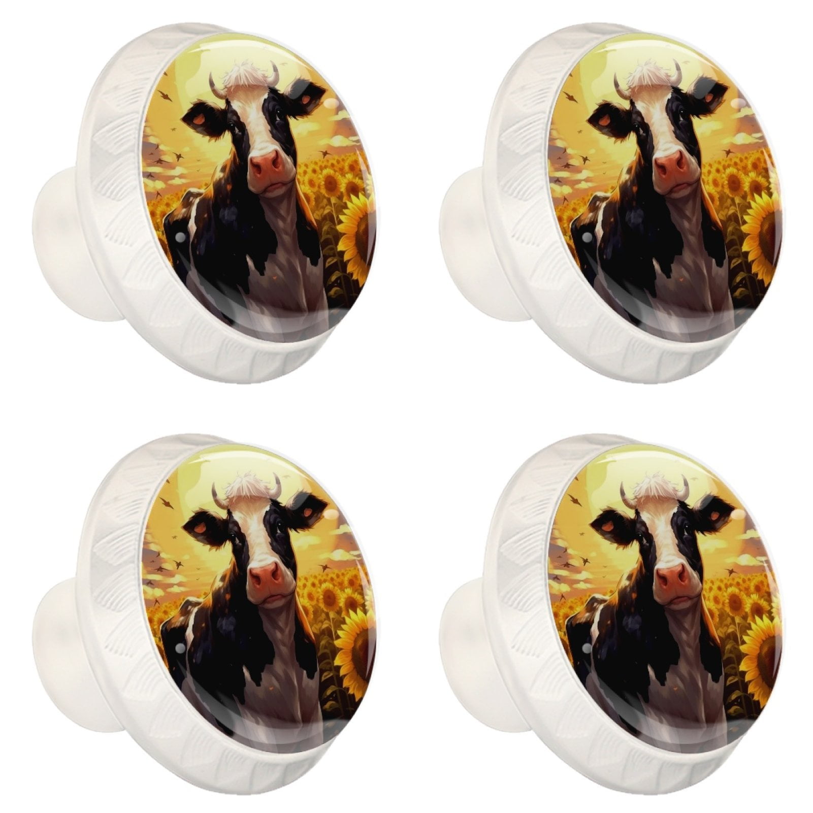 4 Pcs Cow and Sunflower Knobs for Kitchen Cabinet Cupboard Dresser Bookcase Drawer Pulls Handles Round Home Decor