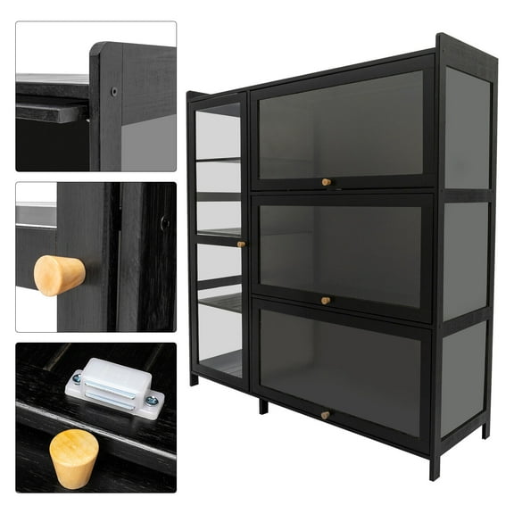 Bamboo Display Cabinet Storage Cabinet with Doors Black Showcase for Entryway