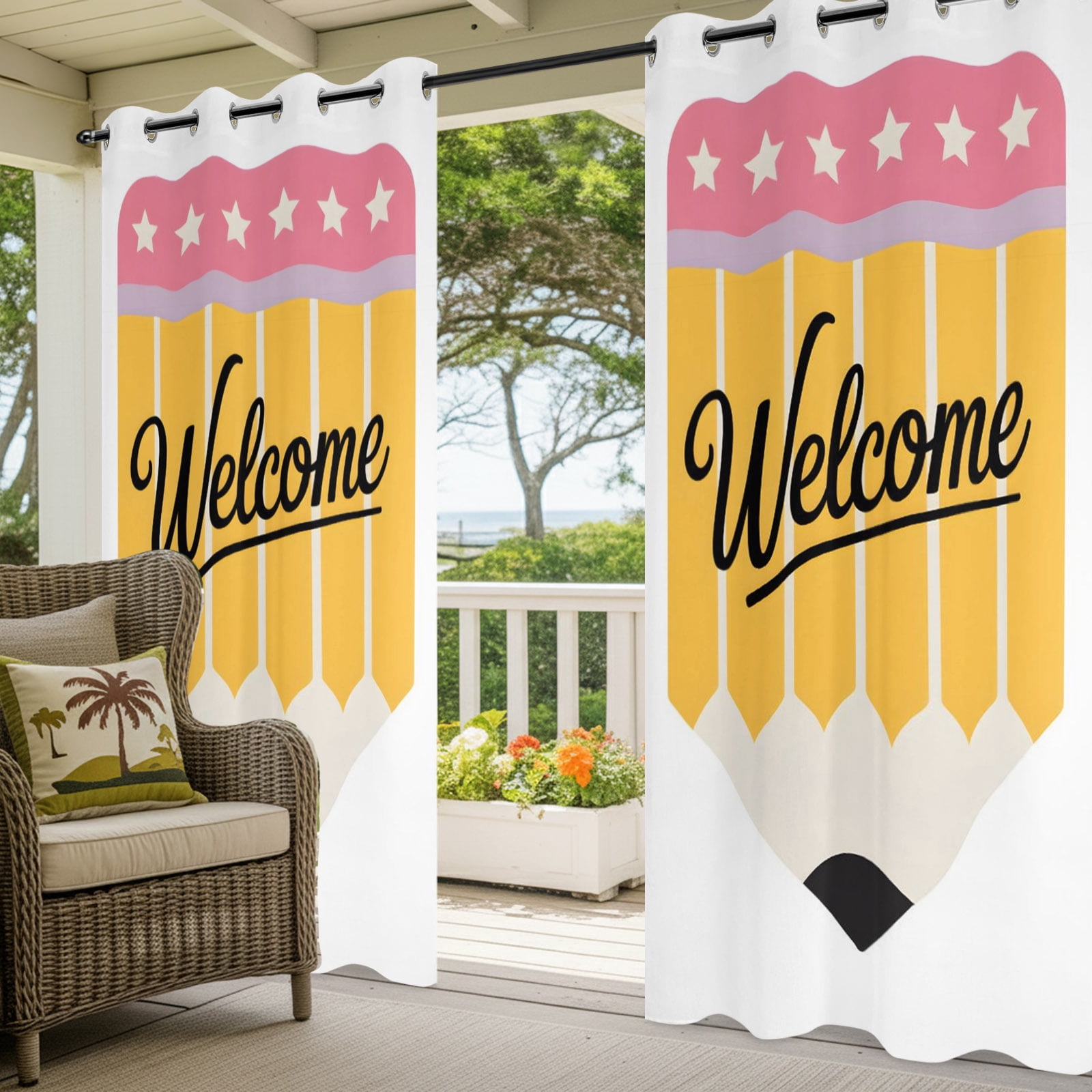 Yellow Pencil Outdoor Curtains for Patio, Welcome Back to School Academic Simple Sunshade Privacy Drapes Grommet Waterproof Outside Curtains for Porch/Cabana/Balcony 54"x 108", 1 Panel